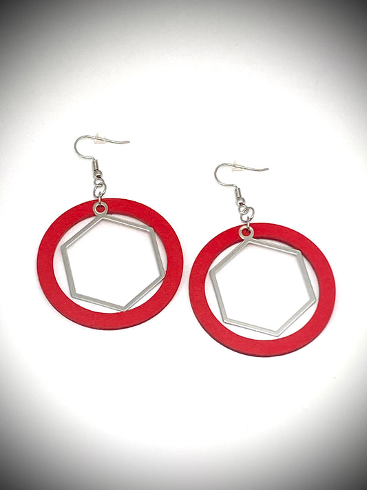 Red Painted Wood Circle Earrings