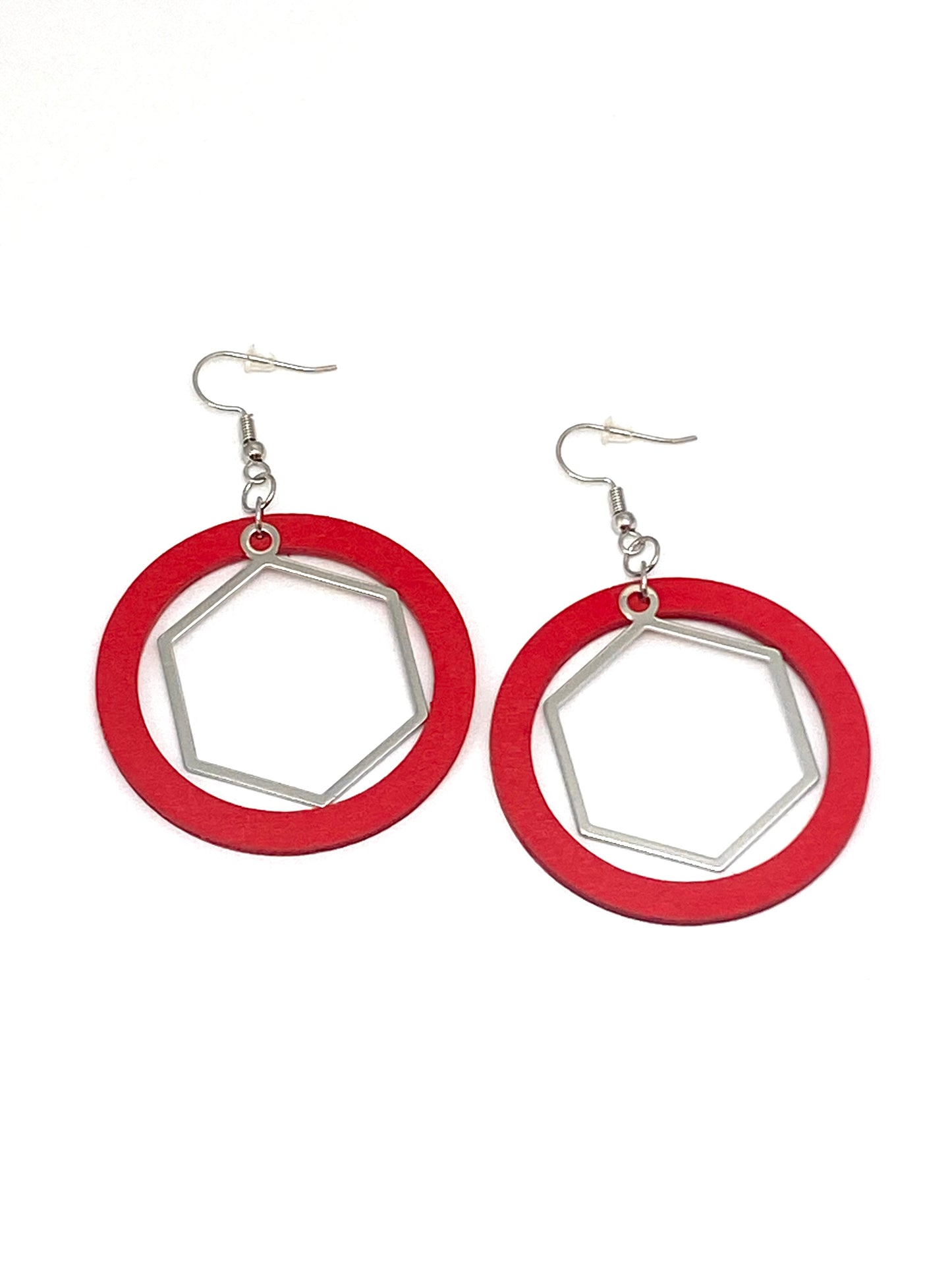 Red Painted Wood Circle Earrings