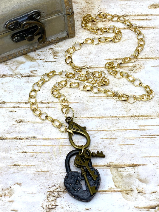 Gold Rolo Lock And Key Necklace