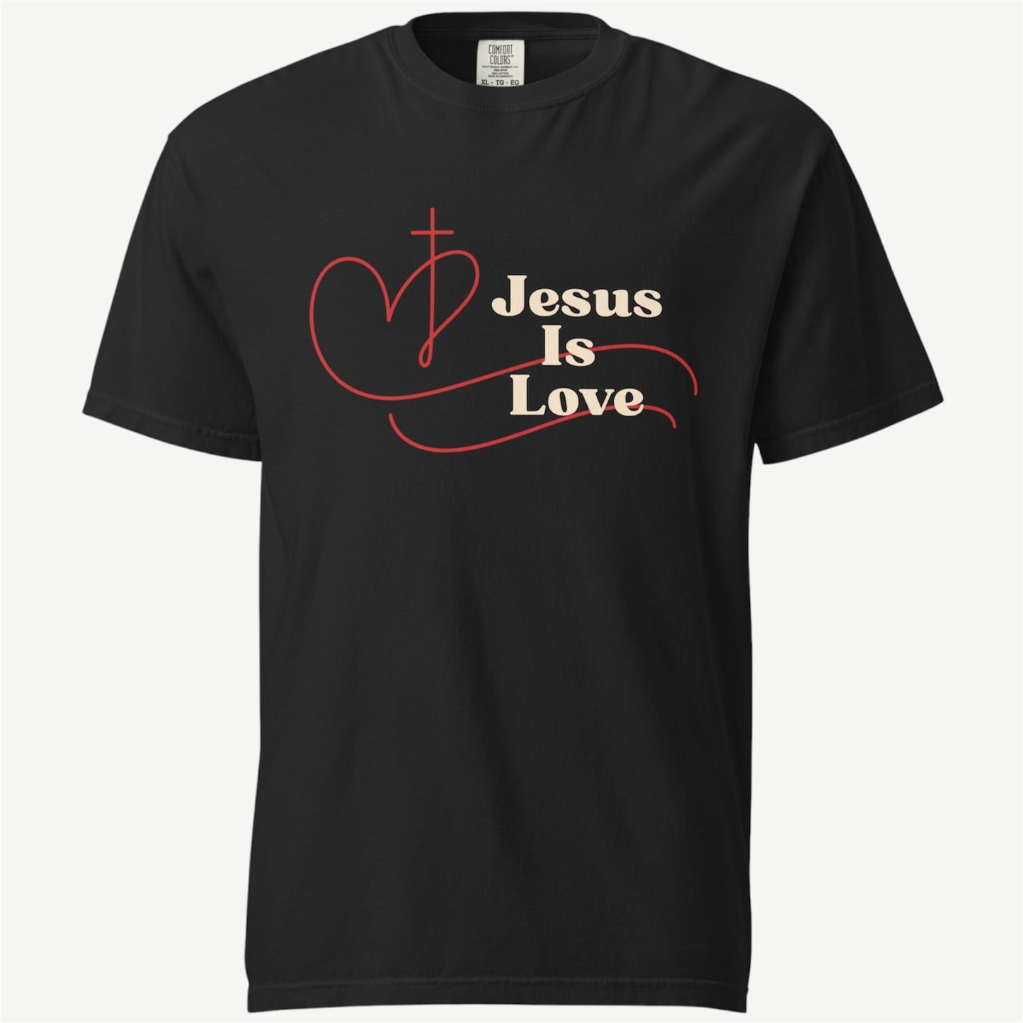 A black short-sleeve crewneck t-shirt with a graphic on the chest that reads 'Jesus Is Love' in beige lettering, accented by a red heart outline and a red cross.