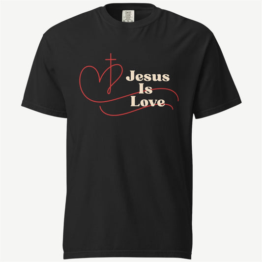 A black short-sleeve crewneck t-shirt with a graphic on the chest that reads 'Jesus Is Love' in beige lettering, accented by a red heart outline and a red cross.