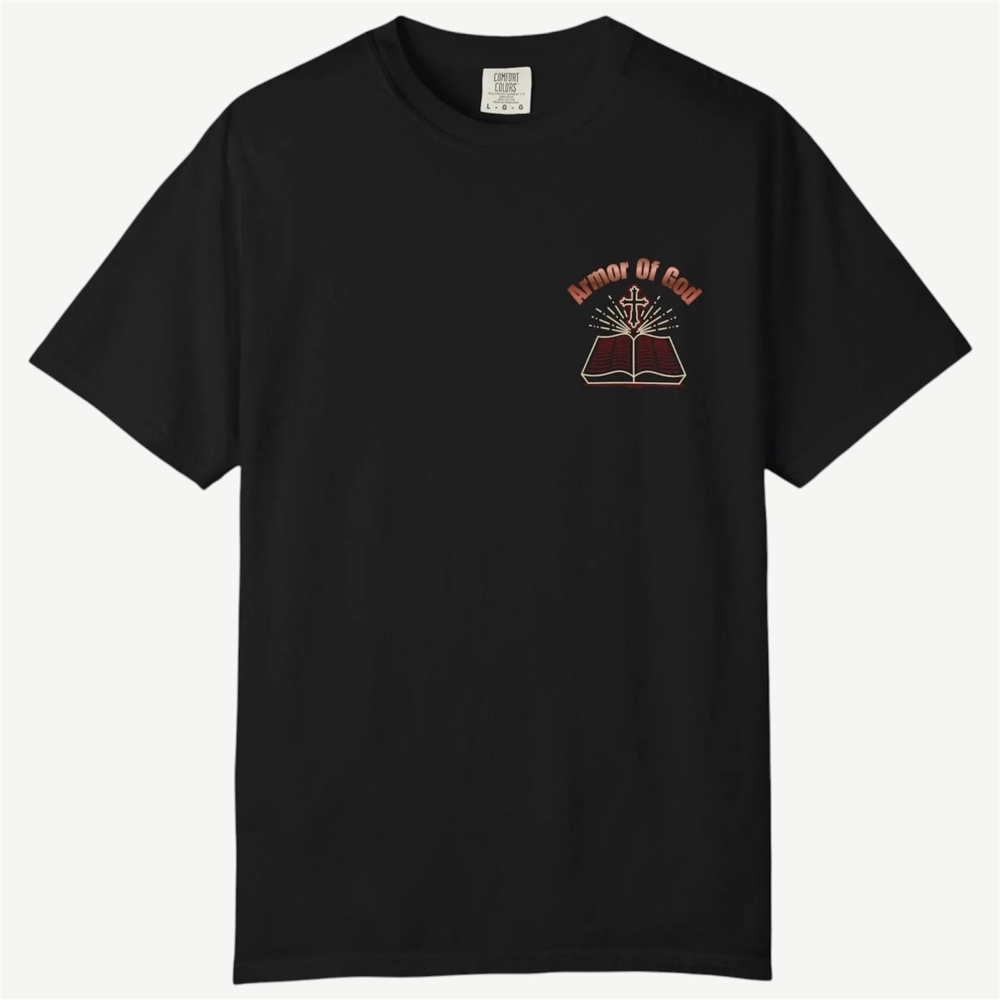 A black short-sleeve crewneck t-shirt with a small graphic on the left chest depicting an open book with a cross on top and the words 'Armor of God' in reddish-brown, shown against a light gray background.