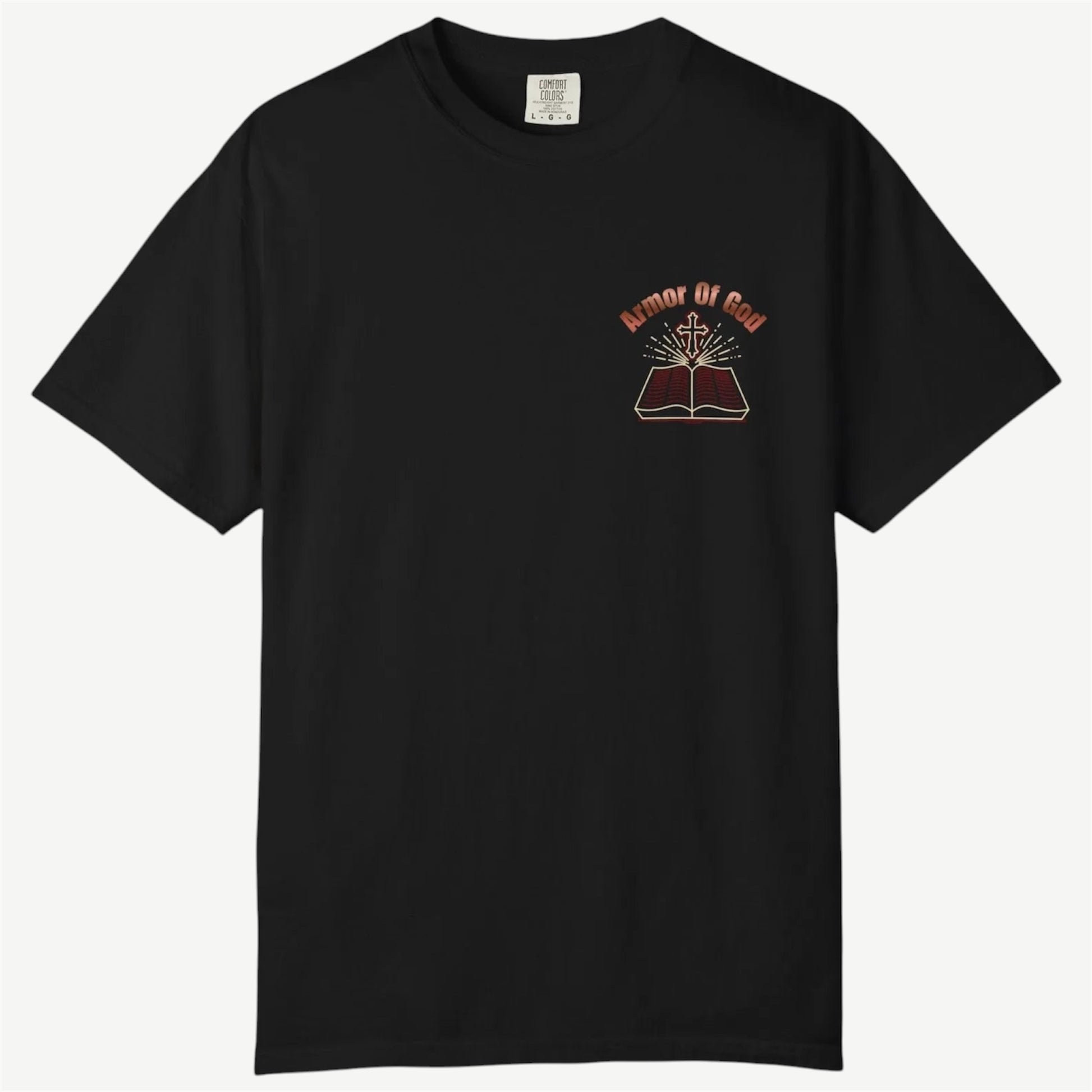 A black short-sleeve crewneck t-shirt with a small graphic on the left chest depicting an open book with a cross on top and the words 'Armor of God' in reddish-brown, shown against a light gray background.