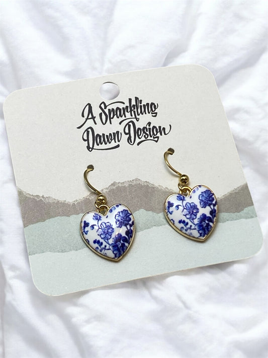 Blue Floral Heart Earrings