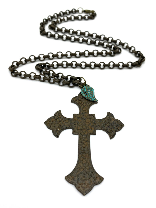 Rustic Cross Rolo Chain Necklace