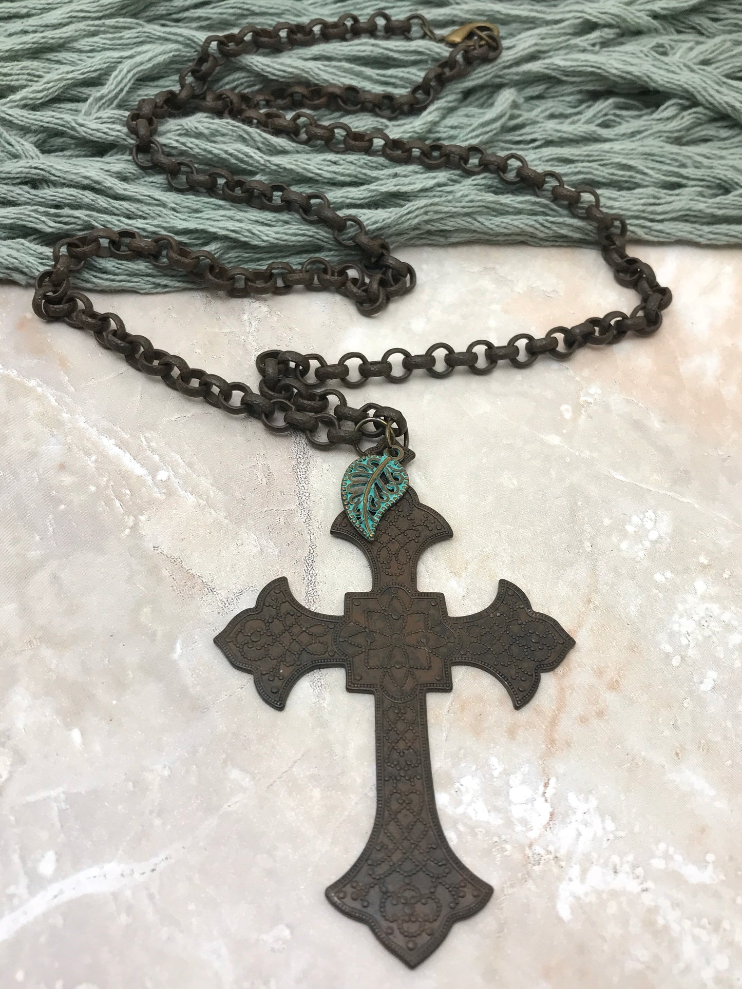 Rustic Cross Rolo Chain Necklace