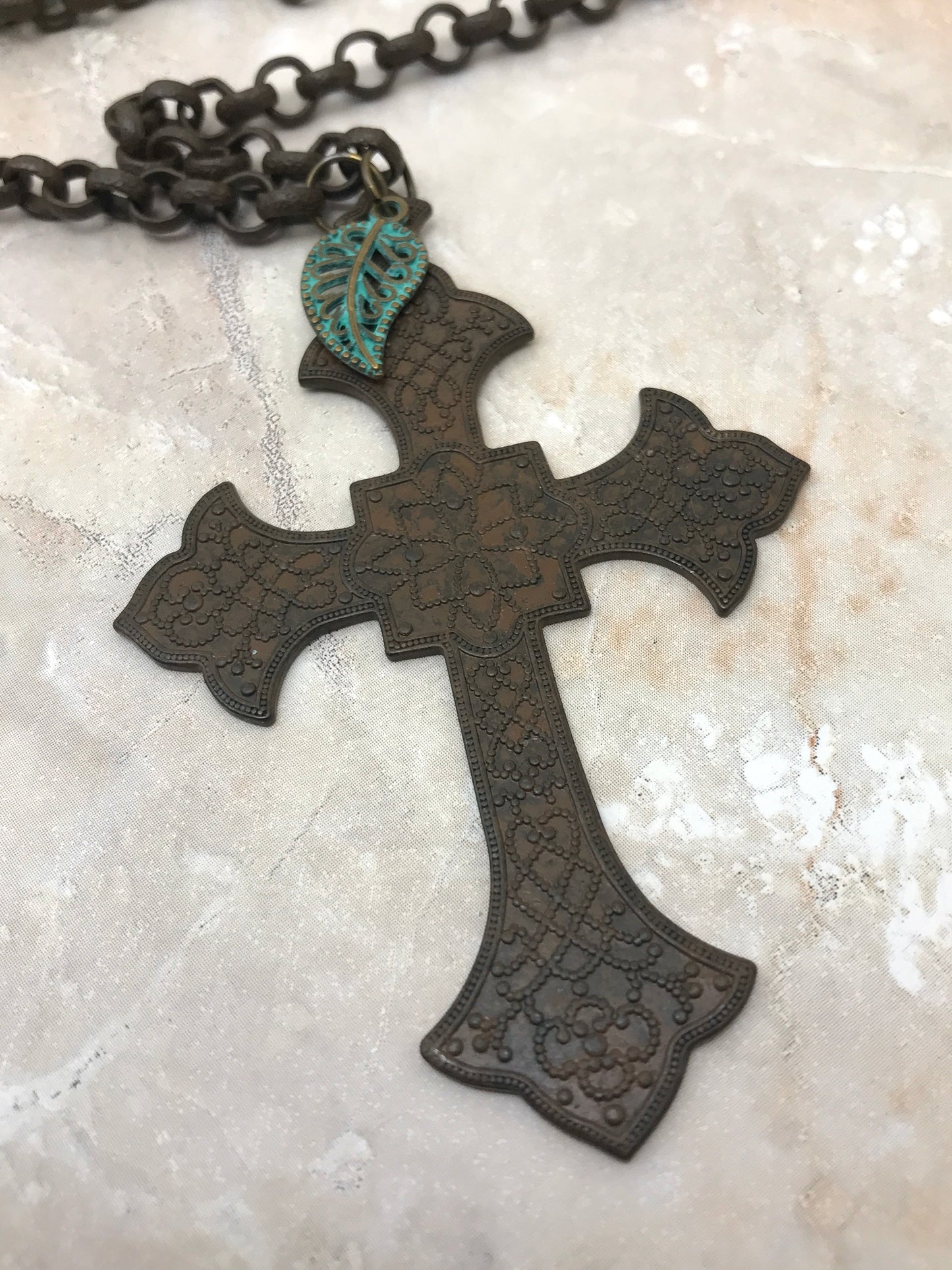 Rustic Cross Rolo Chain Necklace